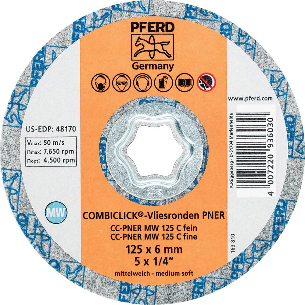 PFERD - Quick Change Discs; Disc Diameter (Inch): 5 ; Attaching System: COMBICLICK ; Abrasive Type: Non-Woven ; Abrasive Material: Silicon Carbide ; Grade: Fine ; Backing Material: Cloth - Exact Industrial Supply