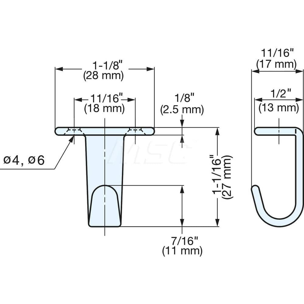 All-Purpose & Utility Hooks; Overall Length (Inch): 43/64; Finish/Coating: Black; Maximum Load Capacity: 22.00; Width (Inch): 1-3/32; Additional Information: Projection: 11 mm; Application: Undermount; Distance Between Mounting Holes: 18 mm; Minimum Order