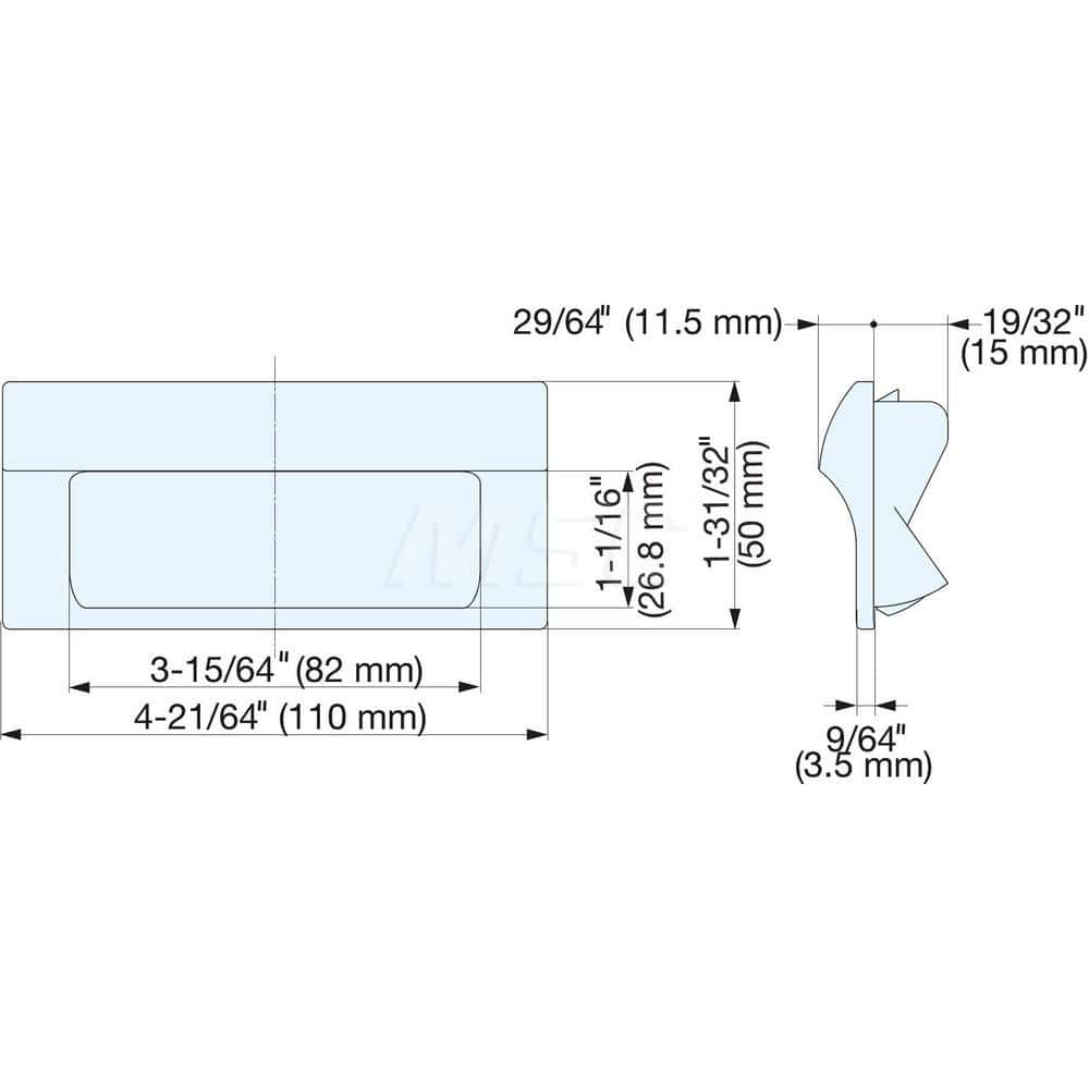 Recessed Pulls; Overall Width (Inch): 4-21/64; Overall Height (mm): 50.00000; Recess Width: 82.00; Recess Height: 26.80; Recess Depth: 15.00; Center to Center: 96.0000; Finish/Coating: Ivory; Mount: Snap-In; Material: ABS; Polycarbonate; Material: ABS; Po