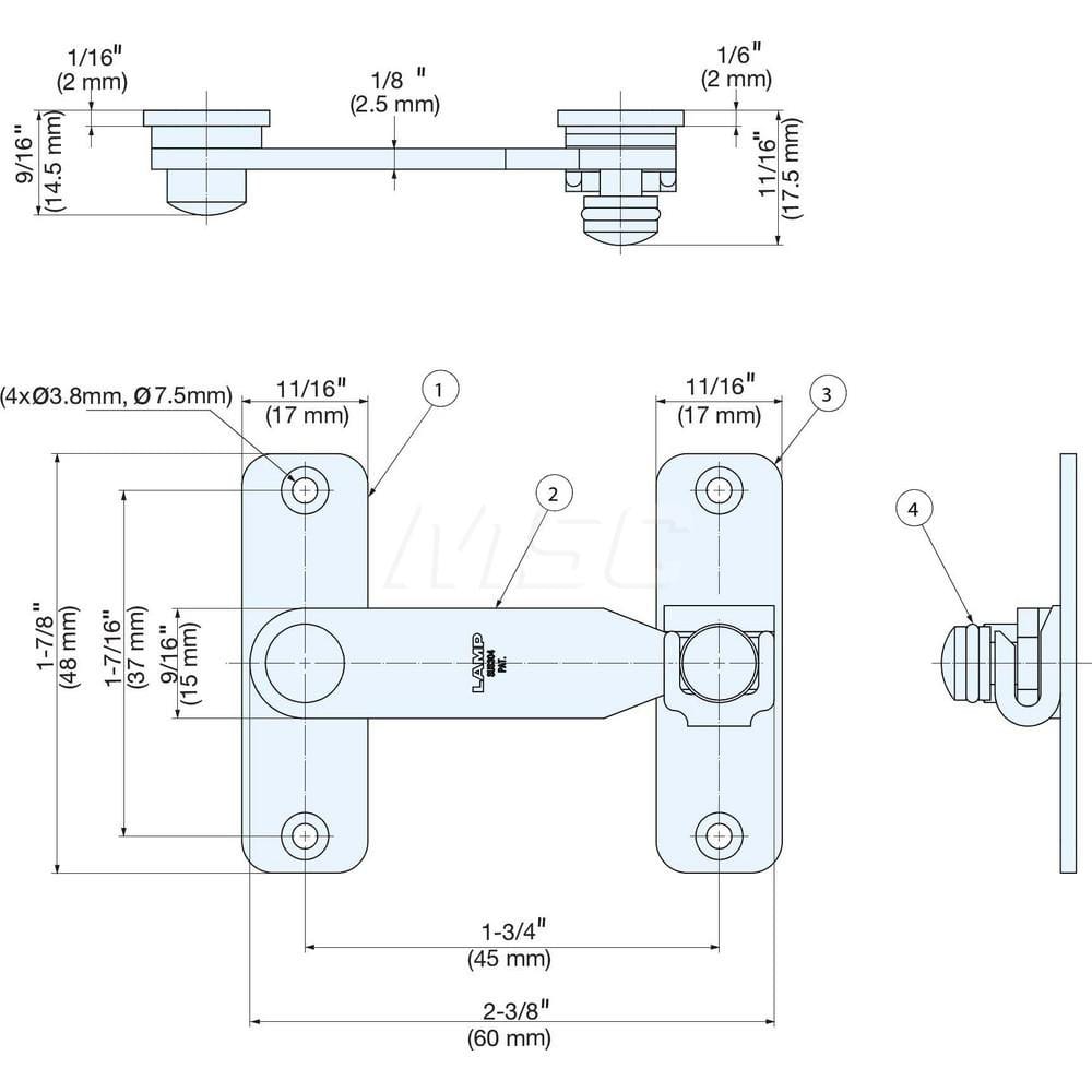 Latches; Type: Bar Latch; Length (mm): 60.00; Width (mm): 48.00; Height (mm): 17.5000; Finish/Coating: Polished; Distance Between Mounting Hole Centers: 37; Series: BLT; Minimum Order Quantity: 304 Stainless Steel; Material: 304 Stainless Steel; Descripti