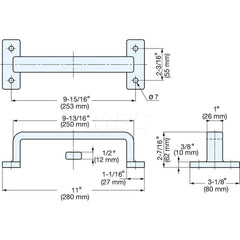 Drawer Pulls; Handle Diameter: 1.0613; Width (Decimal Inch): 11.4286; Width (mm): 280.00; Length (Inch): 11-1/64; Projection: 2.5; Center to Center: 9-31/32; Thread Size: 7; Finish/Coating: Mirror; Material Grade: 304; Additional Information: Thickness: 1