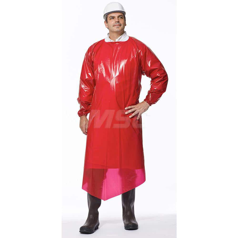 Disposable & Chemical-Resistant Apron: Size Large, 55″ Length, 4 mil Thick, Red VR, Elastic Cuff, Extra Long Gowns