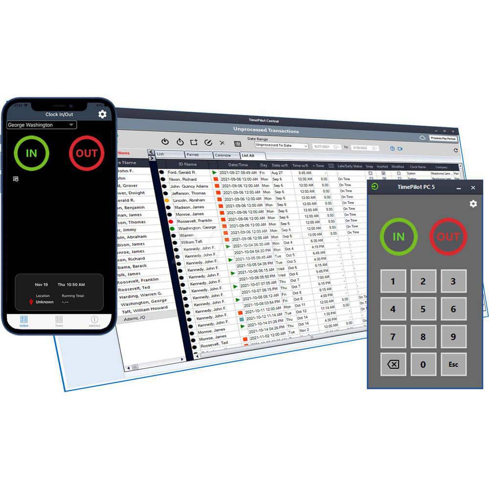 TimePilot Mobile/Pc Complete Software-Based Time Clock System Clock in with Smartphone App or Clocks on PC Screens, 25-Employee Cloud Database, Manage Data from Anywhere with TimePilot Software, Exports to Quickbooks, Free Support