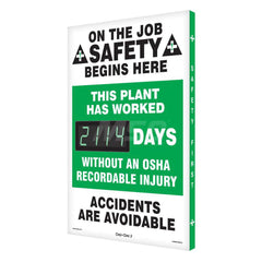 Safety First This Company Has Worked ___ Days without an OSHA Recordable Injury - On the Job Safety Begins with You!, 20 Inch Wide x 28 Inch High, Aluminum Sign - Rectangular, White on Green, 2 Inch Thick, Indoor or Outdoor, Wall Mount with Mounting Faste