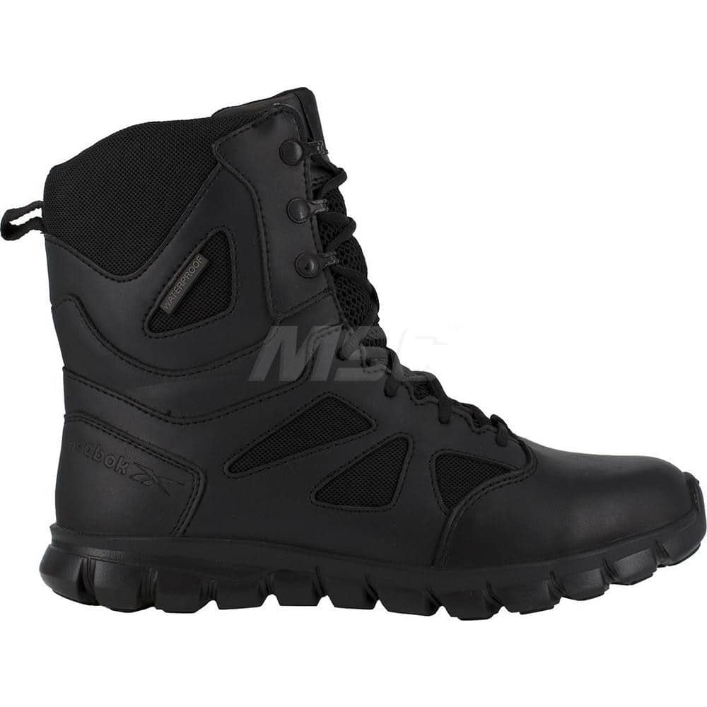 Work Boot: Size 6, 8″ High, Leather, Plain Toe Black, Wide Width, Non-Slip Sole