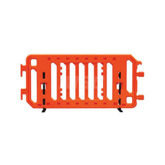 Folding Gates & Barricades; Type: Crowd Control Parade Barricade; Height (Inch): 42; Max Width (Inch): 21; Material: Plastic; Color: Orange; Additional Information: Comes with Powder Coated Steel Feet & Legs; Sign Size: 29.5 in W x 26 in H x 3/16 in THK;