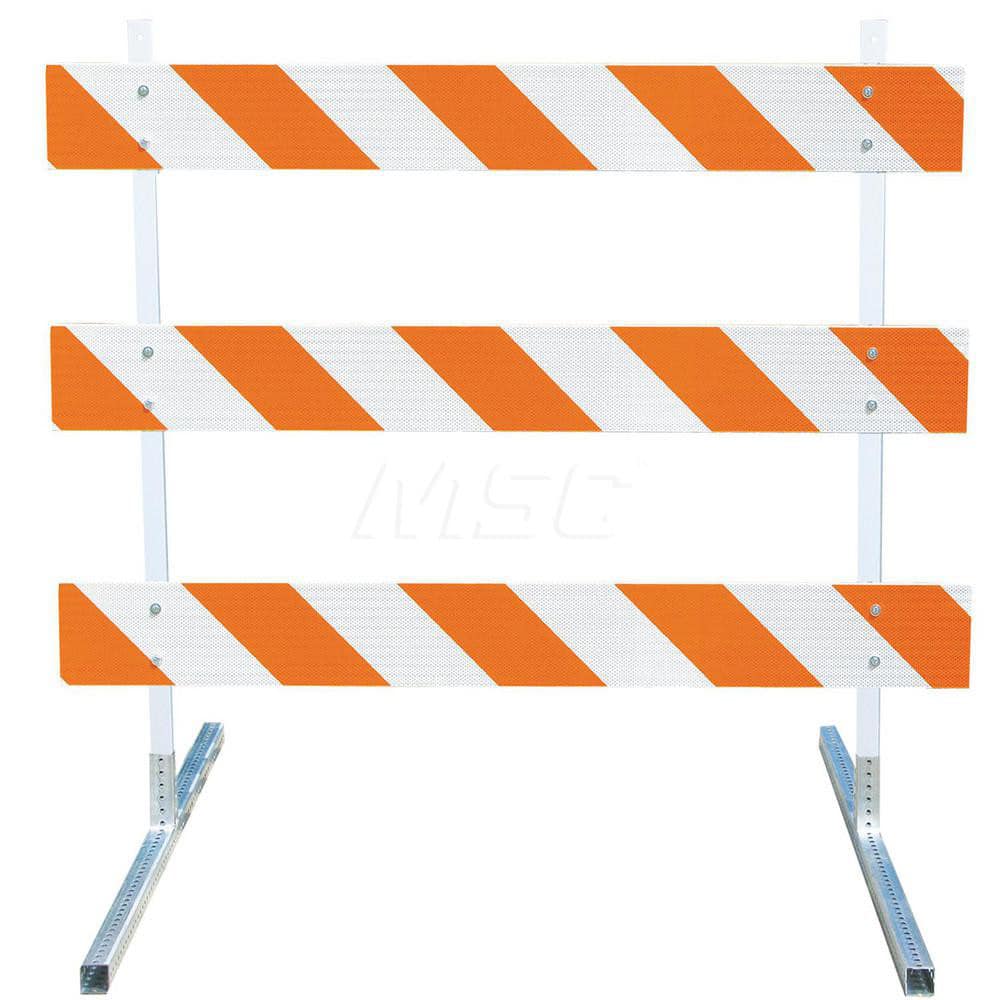 Traffic Barricades; Type: Type III; Barricade Height (Inch): 63; Material: Plastic Board; Polymer Plastic Upright; Galvanized High Carbon Steel Feet; Barricade Width (Inch): 72; Reflective: Yes; Compliance: MASH Compliant; MUTCD; Weight (Lb.): 19.0000; To