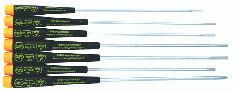 7 Piece - Precision ESD Safe Slotted & Phillips Extra Long Screwdriver Set - #27393 - Slotted 2.0 - 4.0mm; Phillips # 0; 1 x 150mm - A1 Tooling