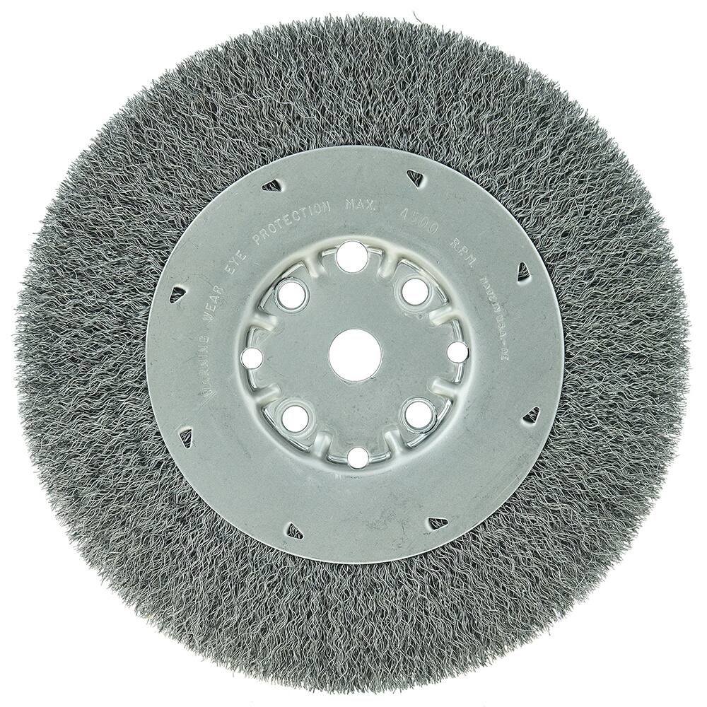 Weiler - Wheel Brushes; Outside Diameter (Inch): 8 ; Arbor Hole Thread Size: 5/8 ; Wire Type: Crimped Wire ; Fill Material: Steel ; Face Width (Inch): 5/8 ; Trim Length (Inch): 1-1/2 - Exact Industrial Supply