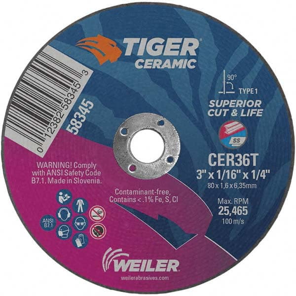 Weiler - 3 x 1/16, 1/4" Hole 36 Grit Ceramic Alumina Cutoff Wheel - A1 Tooling