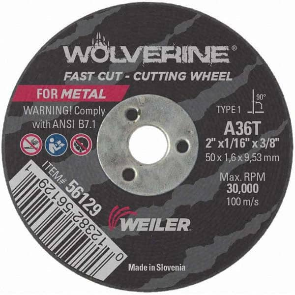 Weiler - 2 x 1/16, 3/8" Hole 36 Grit Aluminum Oxide Cutoff Wheel - A1 Tooling