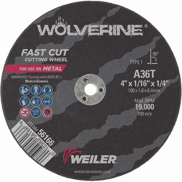 Weiler - 4 x 1/16, 1/4" Hole 36 Grit Aluminum Oxide Cutoff Wheel - A1 Tooling