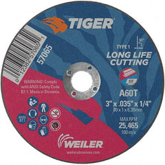 Weiler - 3 x 0.035, 1/4" Hole 60 Grit Aluminum Oxide Cutoff Wheel - A1 Tooling