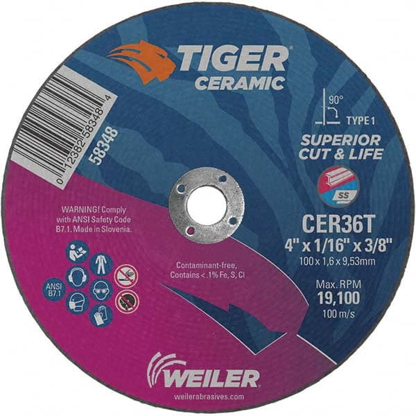 Weiler - 4 x 1/16, 3/8" Hole 36 Grit Ceramic Alumina Cutoff Wheel - A1 Tooling