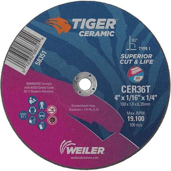 Weiler - 4 x 1/16, 1/4" Hole 36 Grit Ceramic Alumina Cutoff Wheel - A1 Tooling