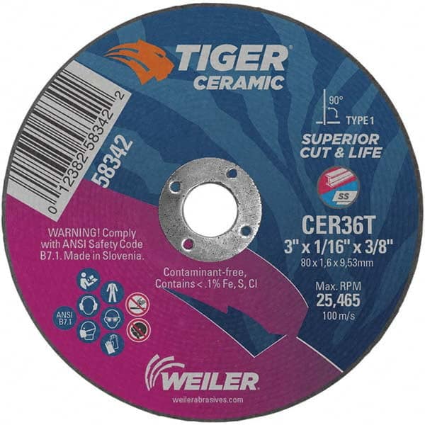 Weiler - 3 x 1/16, 3/8" Hole 36 Grit Ceramic Alumina Cutoff Wheel - A1 Tooling