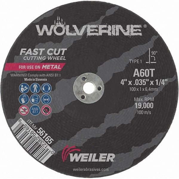 Weiler - 4 x 0.035, 1/4" Hole 60 Grit Aluminum Oxide Cutoff Wheel - A1 Tooling