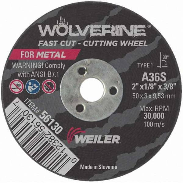 Weiler - 2 x 1/8, 3/8" Hole 36 Grit Aluminum Oxide Cutoff Wheel - A1 Tooling