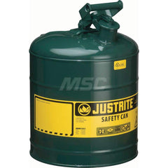 Justrite - Safety Dispensing Cans; Capacity: 5 Gal. ; Material: Steel ; Color: Green ; Height (Decimal Inch): 16.875000 ; Diameter/Length (mm): 11.75 ; Approval Listing/Regulations: FM Approved; UL; ULC; TUV - Exact Industrial Supply