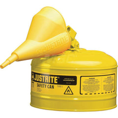 Justrite - Safety Dispensing Cans; Capacity: 2.5 Gal ; Material: Steel ; Color: Yellow ; Height (Decimal Inch): 11.500000 ; Diameter/Length (mm): 11.75 ; Approval Listing/Regulations: FM Approved; UL; ULC; TUV - Exact Industrial Supply