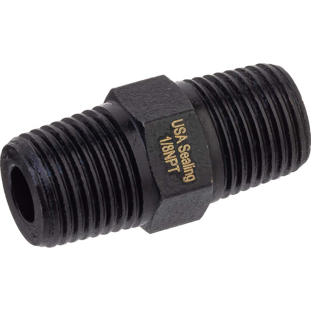 USA Sealing - Brass & Chrome Pipe Fittings; Type: Hex Nipple ; Fitting Size: 1/8 x 1/8 ; End Connections: MNPTF x MNPTF ; Material: Brass ; Pressure Rating (psi): 1000 ; Finish/Coating: Black Zinc - Exact Industrial Supply