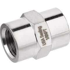 USA Sealing - Brass & Chrome Pipe Fittings; Type: Coupling ; Fitting Size: 1/4 x 1/4 ; End Connections: FNPTF x FNPTF ; Material: Brass ; Pressure Rating (psi): 1000 ; Finish/Coating: Nickel Plated - Exact Industrial Supply