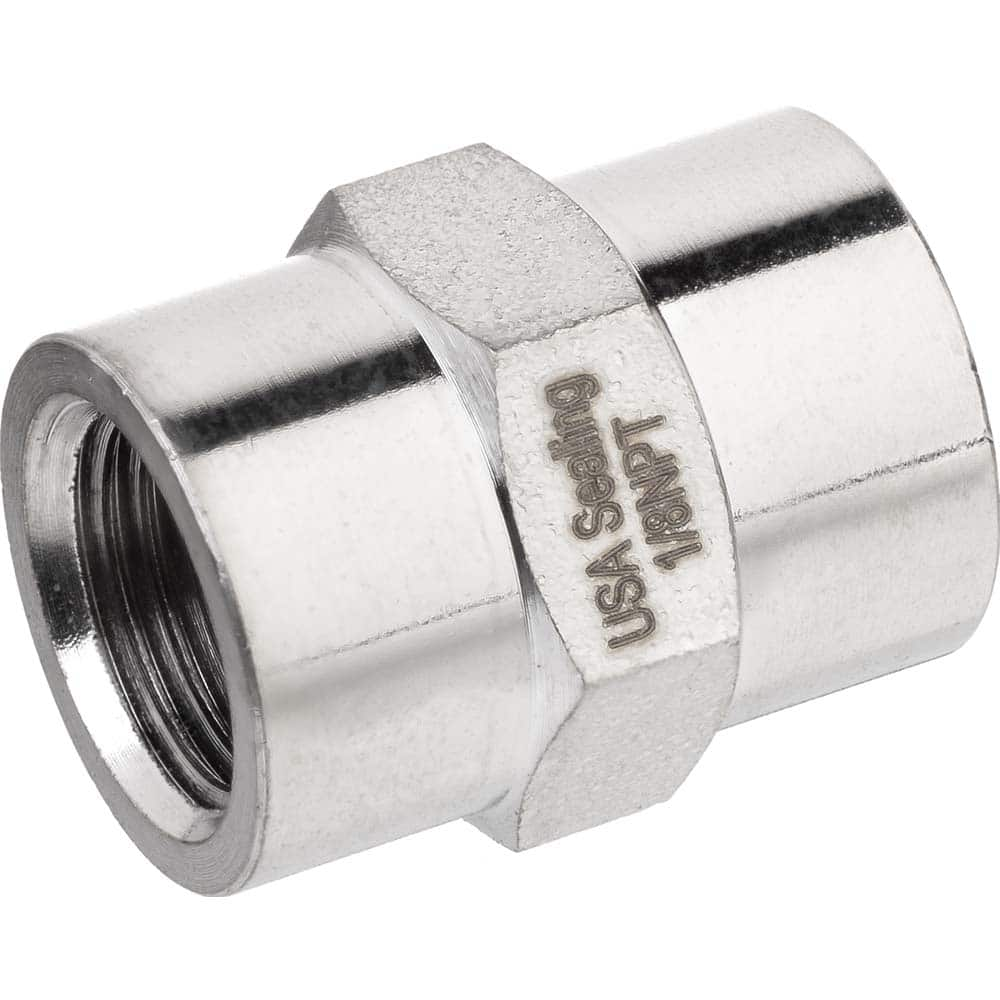 USA Sealing - Brass & Chrome Pipe Fittings; Type: Coupling ; Fitting Size: 3/8 x 3/8 ; End Connections: FNPTF x FNPTF ; Material: Brass ; Pressure Rating (psi): 1000 ; Finish/Coating: Nickel Plated - Exact Industrial Supply