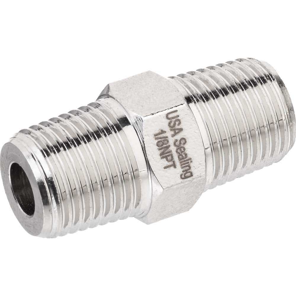 USA Sealing - Brass & Chrome Pipe Fittings; Type: Hex Nipple ; Fitting Size: 1/2 x 1/2 ; End Connections: MNPTF x MNPTF ; Material: Brass ; Pressure Rating (psi): 1000 ; Finish/Coating: Nickel Plated - Exact Industrial Supply