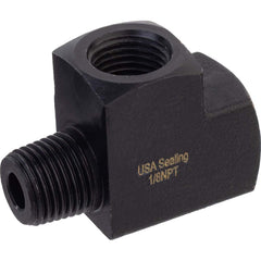 USA Sealing - Brass & Chrome Pipe Fittings; Type: Run Tee ; Fitting Size: 3/8 x 3/8 x 3/8 ; End Connections: FNPTF x FNPTF x MNPTF ; Material: Brass ; Pressure Rating (psi): 1000 ; Finish/Coating: Black Zinc - Exact Industrial Supply