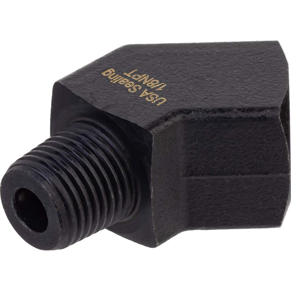 USA Sealing - Brass & Chrome Pipe Fittings; Type: 45 Elbow ; Fitting Size: 1/4 x 1/4 ; End Connections: FNPTF x MNPTF ; Material: Brass ; Pressure Rating (psi): 1000 ; Finish/Coating: Black Zinc - Exact Industrial Supply