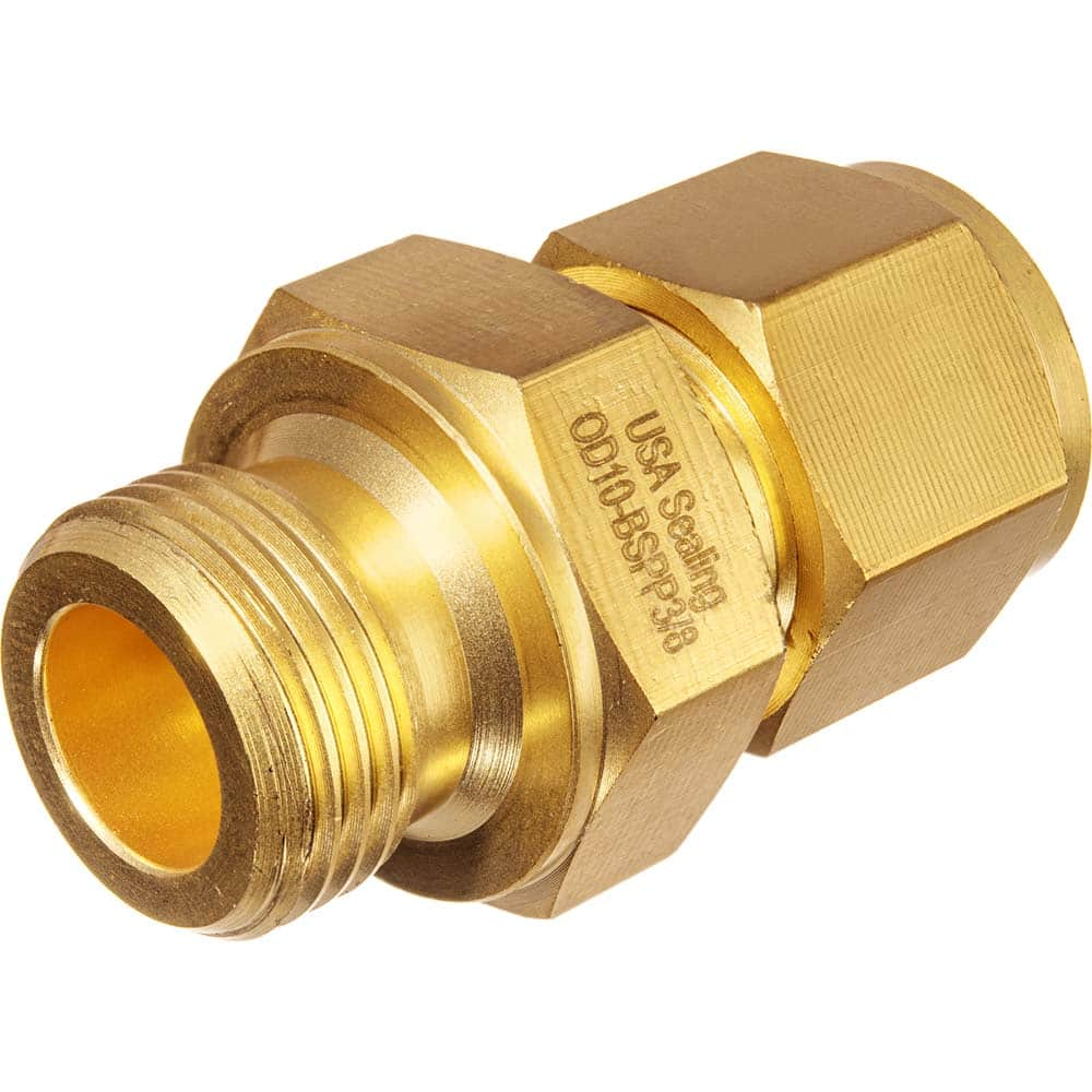 USA Sealing - Metal Compression Tube Fittings; Type: Male Straight Fitting ; End Connections: Tube OD x Male BSPT ; Tube Outside Diameter (mm): 12 ; Thread Size: 3/8 ; Material: Brass ; Compression Style: Double Ferrule - Exact Industrial Supply