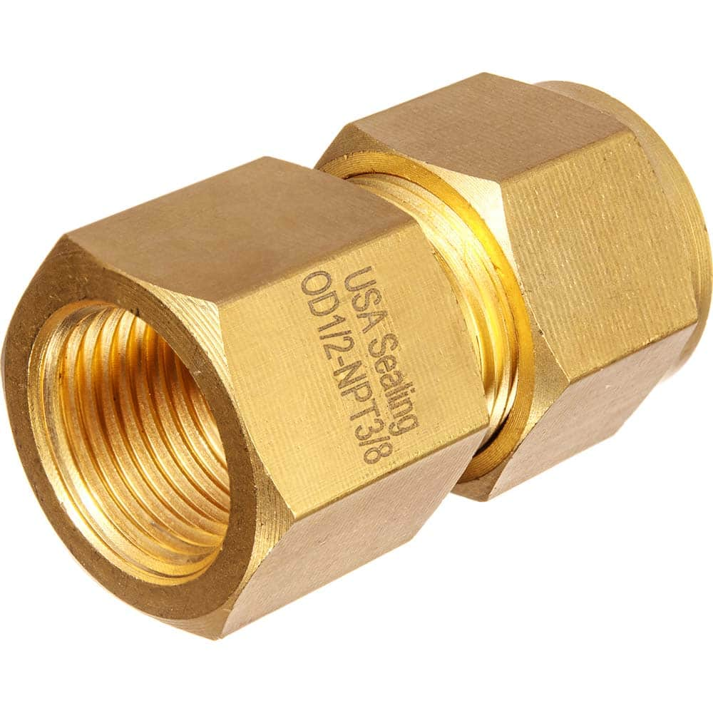 USA Sealing - Metal Compression Tube Fittings; Type: Female Straight Fitting ; End Connections: Tube OD x Male BSPT ; Tube Outside Diameter (Inch): 1/2 ; Thread Size: 1/2 ; Material: Brass ; Compression Style: Double Ferrule - Exact Industrial Supply