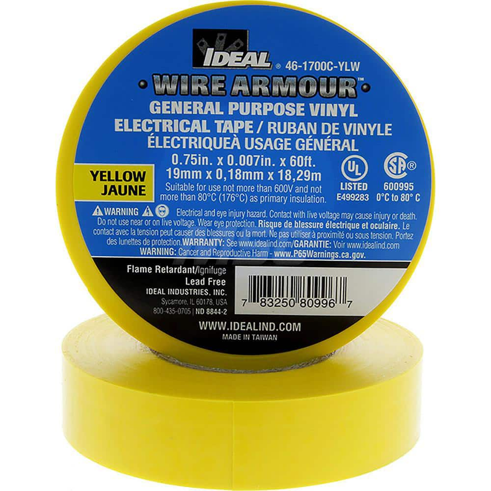 Vinyl Film Electrical Tape: 3/4″ Wide, 66' Long, 7 mil Thick, Yellow 32 to 176 ° F Operating Temp, 7,000 V/mil, Series 46-1700C