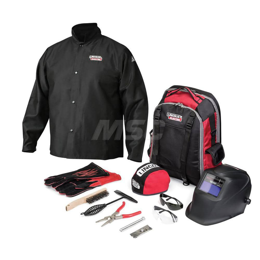 Size 3XL Black Cotton Welding Jacket with Gloves, Sleeves & Ratchet Hard Hat with Face Shield 1.67″ x 3.78″ Distortion-Free Glass, Includes Gear Bag