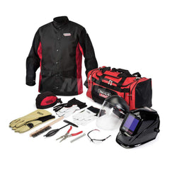 Size M Black & Red Leather Welding Jacket with Gloves, Sleeves & Ratchet Hard Hat with Face Shield 3.34″ x 3.78″ Distortion-Free Glass, Includes Gear Bag