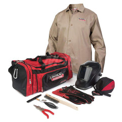 Size XL Khaki Cotton Welding Jacket with Gloves, Sleeves & Ratchet Hard Hat with Face Shield 5″ x 4″ Distortion-Free Glass, Includes Gear Bag