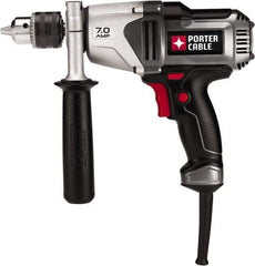 Porter-Cable - 1/2" Keyed Chuck, 800 RPM, Pistol Grip Handle Electric Drill - 7 Amps, 120 Volts, Reversible, Includes Side Handle & Chuck Key with Holder - A1 Tooling