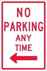 NMC - "No Parking Anytime", "Left Arrow", 12" Wide x 18" High, Aluminum No Parking & Tow Away Signs - 0.063" Thick, Red on White, Rectangle, Post Mount - A1 Tooling