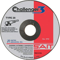 Sait - 4-1/2" Wheel Diam, 1/8" Wheel Thickness, 7/8" Arbor Hole, Type 29 Depressed Center Wheel - Medium Grade, Aluminum Oxide/Silicon Carbide Blend, 13,280 Max RPM - A1 Tooling