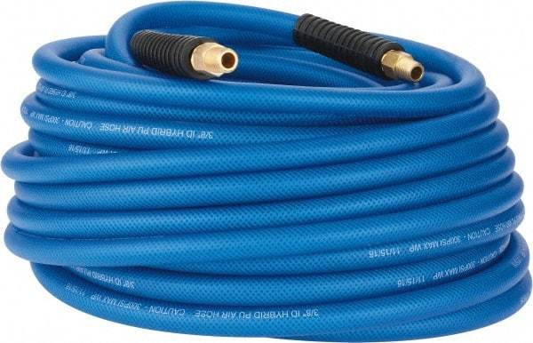 PRO-SOURCE - 3/8" ID x 0.6102" OD 100' Long Multipurpose Air Hose - MNPT(Swivel) x MNPT(Swivel) Ends, 300 Working psi, -40 to 176°F, 1/4" Fitting, Transparent Blue - A1 Tooling