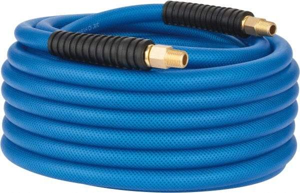 PRO-SOURCE - 3/8" ID x 0.6102" OD 50' Long Multipurpose Air Hose - MNPT(Swivel) x MNPT(Swivel) Ends, 300 Working psi, -40 to 176°F, 1/4" Fitting, Transparent Blue - A1 Tooling