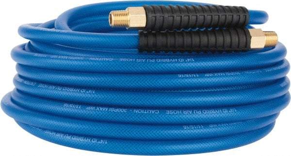 PRO-SOURCE - 1/4" ID x 0.4331" OD 50' Long Multipurpose Air Hose - MNPT(Swivel) x MNPT(Swivel) Ends, 300 Working psi, -40 to 176°F, 1/4" Fitting, Transparent Blue - A1 Tooling