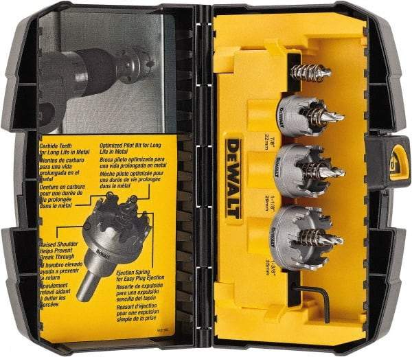 DeWALT - 5 Piece, 7/8" to 1-3/8" Saw Diam, Hole Saw Kit - Carbide-Tipped, Toothed Edge, Includes 3 Hole Saws - A1 Tooling