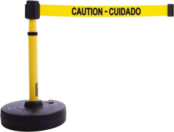 Banner Stakes - 22 to 42" High, 2-3/8" Pole Diam, Barrier Post Base & Stanchion - 9" Base Diam, Round Nylon Base, Yellow Plastic Post, 15' x 2-1/2" Tape, For Outdoor Use - A1 Tooling