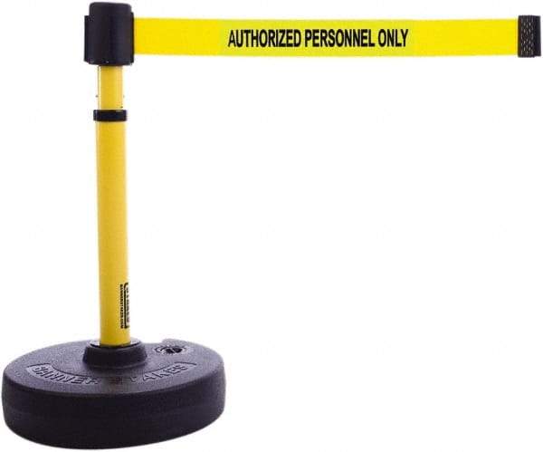 Banner Stakes - 22 to 42" High, 2-3/8" Pole Diam, Barrier Post Base & Stanchion - 9" Base Diam, Round Nylon Base, Yellow Plastic Post, 15' x 2-1/2" Tape, For Outdoor Use - A1 Tooling