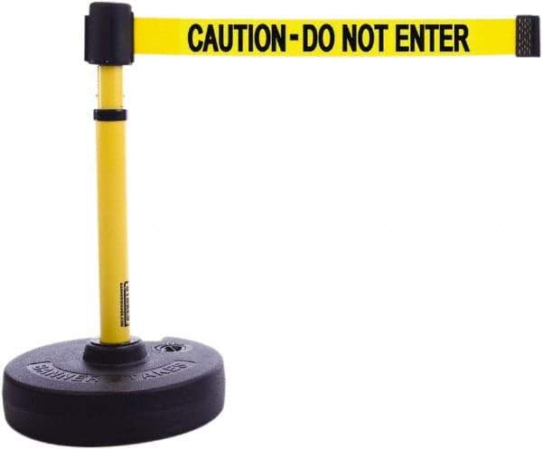 Banner Stakes - 22 to 42" High, 2-3/8" Pole Diam, Barrier Post Base & Stanchion - 9" Base Diam, Round Nylon Base, Yellow Plastic Post, 15' x 2-1/2" Tape, For Outdoor Use - A1 Tooling