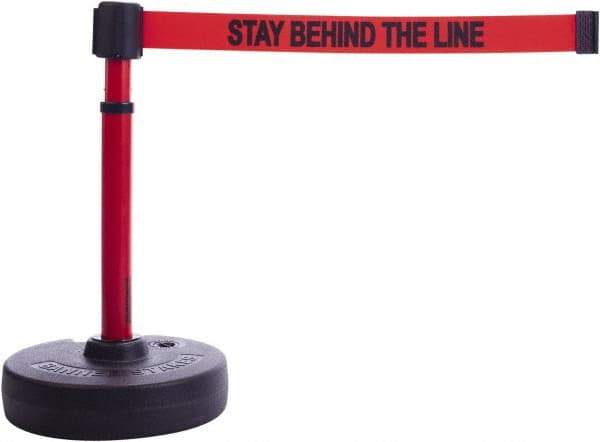 Banner Stakes - 22 to 42" High, 2-3/8" Pole Diam, Barrier Post Base & Stanchion - 9" Base Diam, Round Nylon Base, Red Plastic Post, 15' x 2-1/2" Tape, For Outdoor Use - A1 Tooling