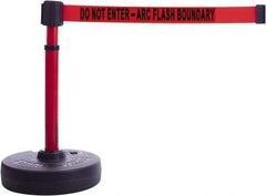 Banner Stakes - 22 to 42" High, 2-3/8" Pole Diam, Barrier Post Base & Stanchion - 9" Base Diam, Round Nylon Base, Red Plastic Post, 15' x 2-1/2" Tape, For Outdoor Use - A1 Tooling