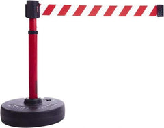 Banner Stakes - 22 to 42" High, 2-3/8" Pole Diam, Barrier Post Base & Stanchion - 9" Base Diam, Round Nylon Base, Red Plastic Post, 15' x 2-1/2" Tape, For Outdoor Use - A1 Tooling