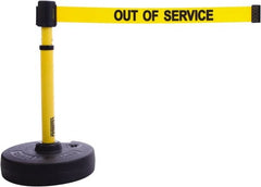 Banner Stakes - 22 to 42" High, 2-3/8" Pole Diam, Barrier Post Base & Stanchion - 9" Base Diam, Round Nylon Base, Yellow Plastic Post, 15' x 2-1/2" Tape, For Outdoor Use - A1 Tooling